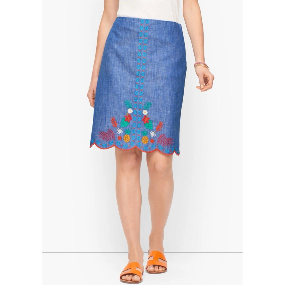Talbots Size 12P Embroidered A-line Linen Blend Skirt Beach Costal Resortwear
